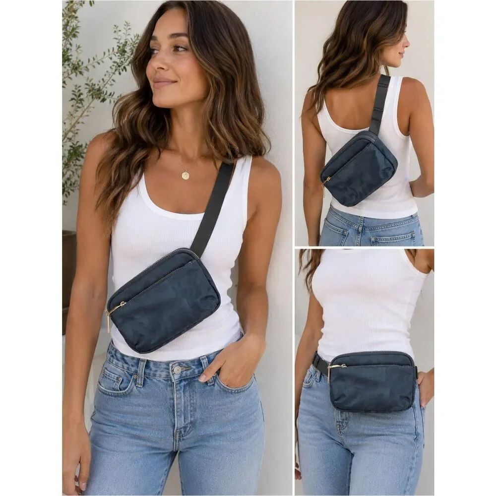 Nylon Abstract Jacquard Crossbody Belt Bag Blue Gray Gold Zip Pockets